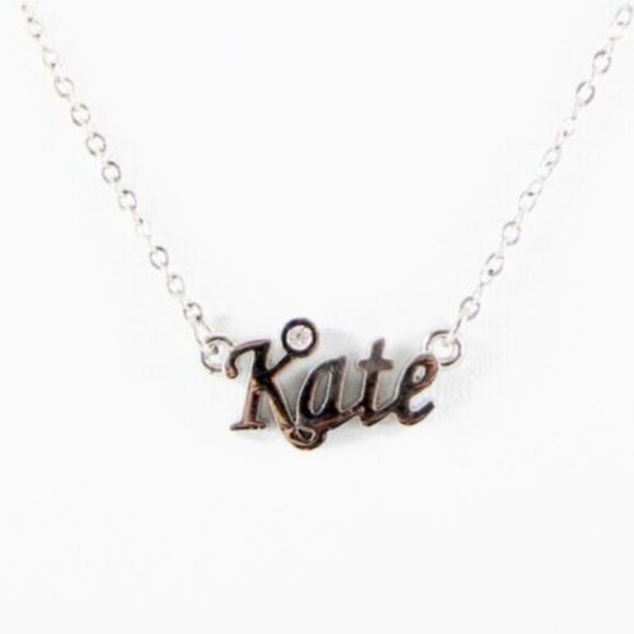 KATE Name Silvertone Rhinestone 14.5" w 4.5" Multi Ring Ext Necklace - Picture 2 of 14